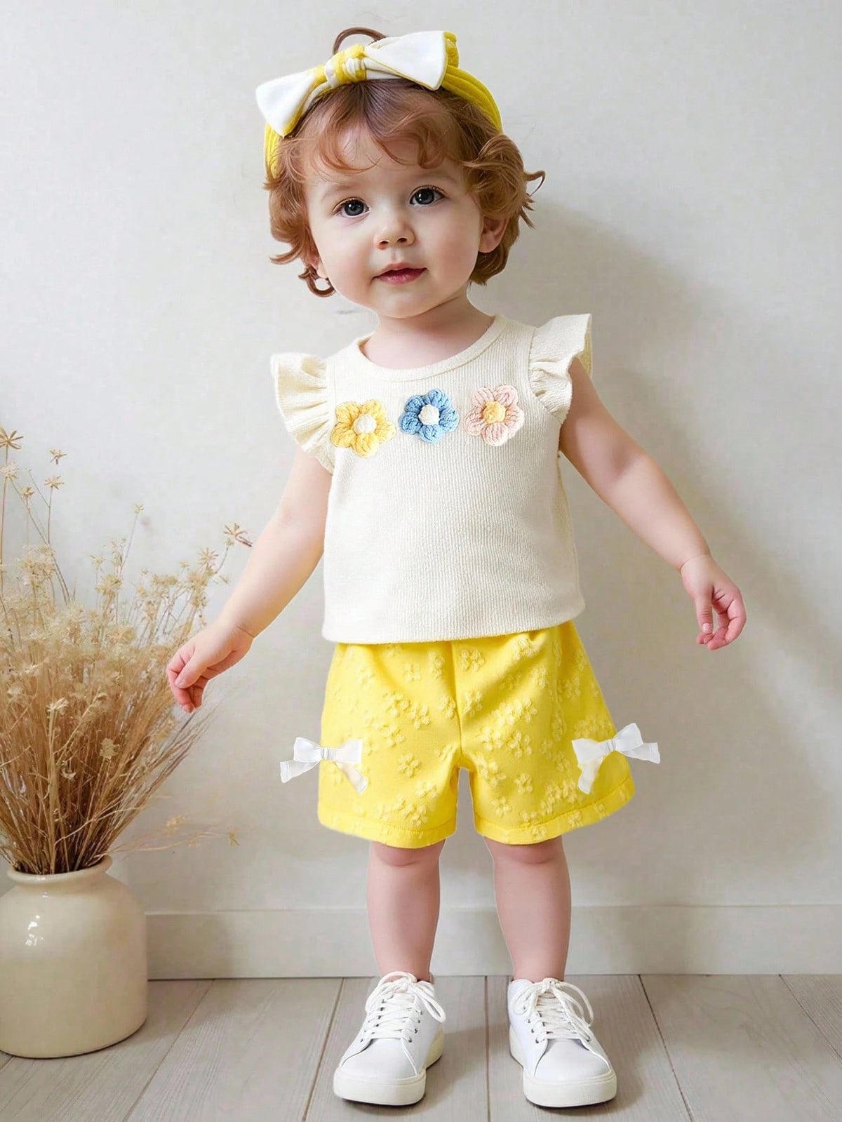 2pcs Girls Ruffle Floral Appliqué Top & Shorts Set - Ivory