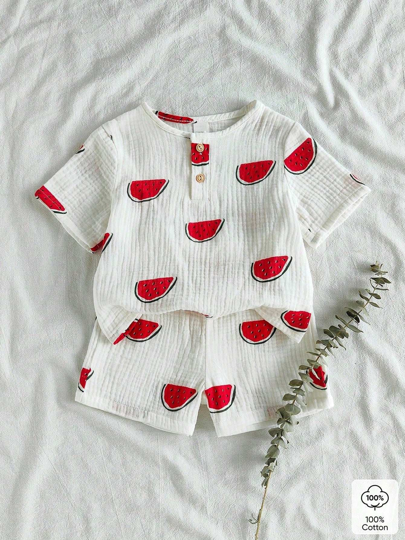 2pcs Boys Watermelon Print Tee & Shorts Set - Ivory
