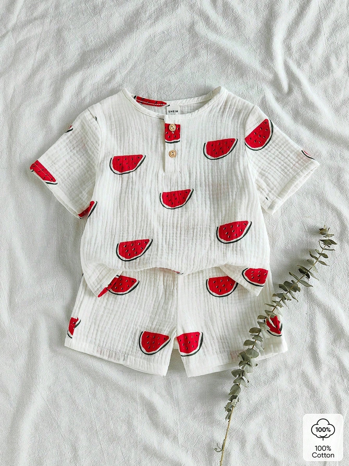 2pcs Boys Watermelon Print Tee & Shorts Set - Ivory