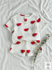 2pcs Boys Watermelon Print Tee & Shorts Set - Ivory