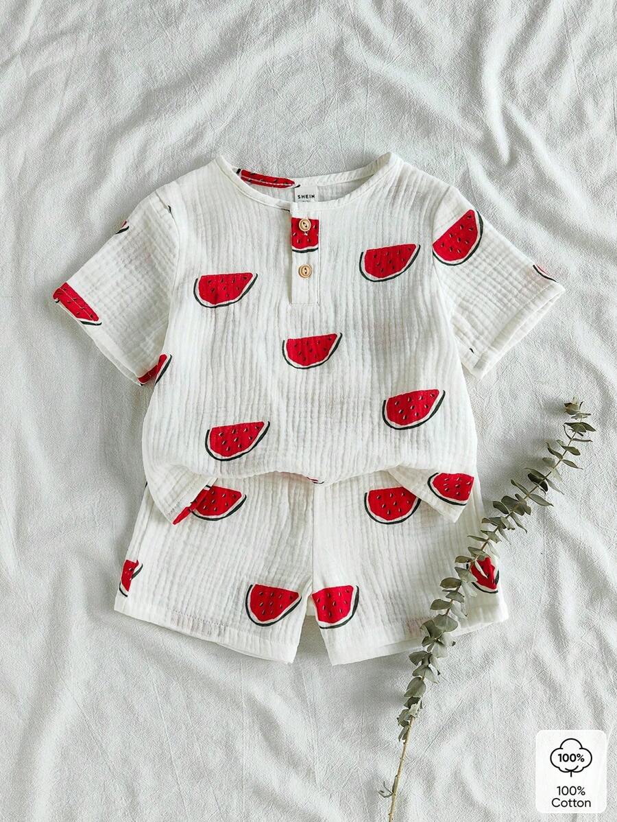 2pcs Boys Watermelon Print Tee & Shorts Set - Ivory