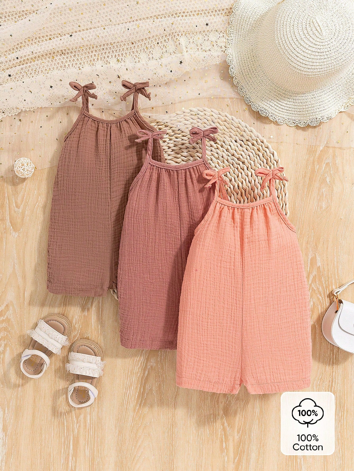 Girls Tie-Strap Muslin Cami Romper Set - Dusty Rose