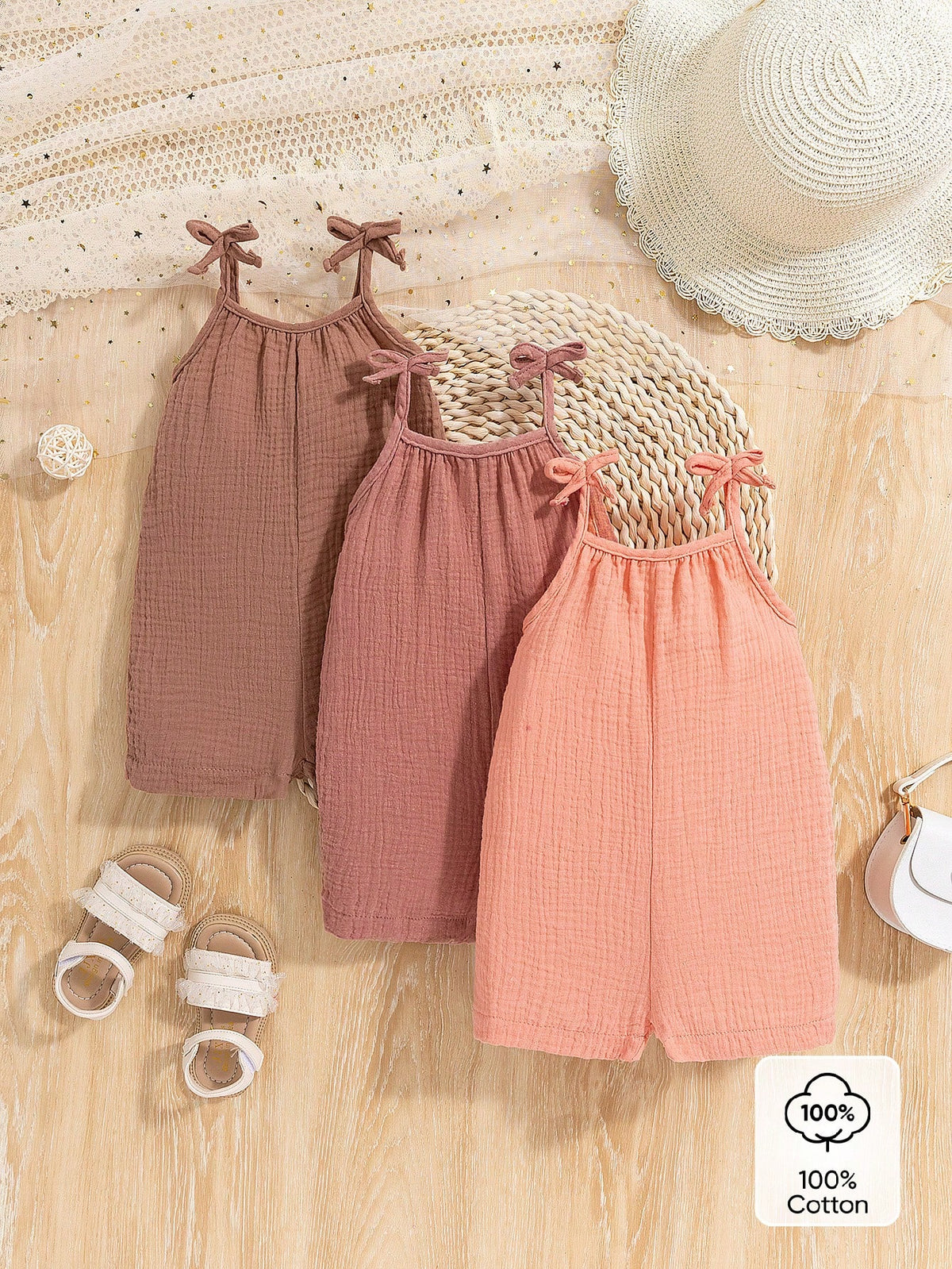 Girls Tie-Strap Muslin Cami Romper Set - Dusty Rose