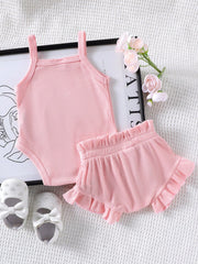 2pcs Baby Girls Bow Appliqué Bodysuit & Ruffle Shorts Set - Blush |...