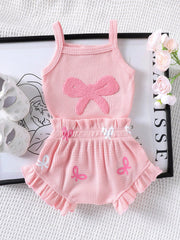 2pcs Baby Girls Bow Appliqué Bodysuit & Ruffle Shorts Set - Blush |...