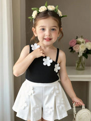 2pcs Girls 3D Floral Camisole & Pleated Shorts Set - Onyx