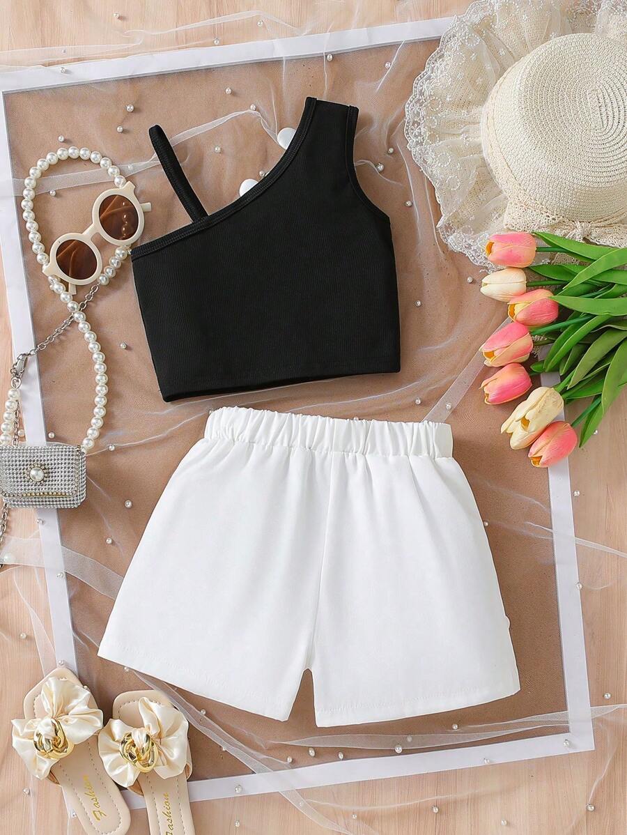 2pcs Girls 3D Floral Camisole & Pleated Shorts Set - Onyx