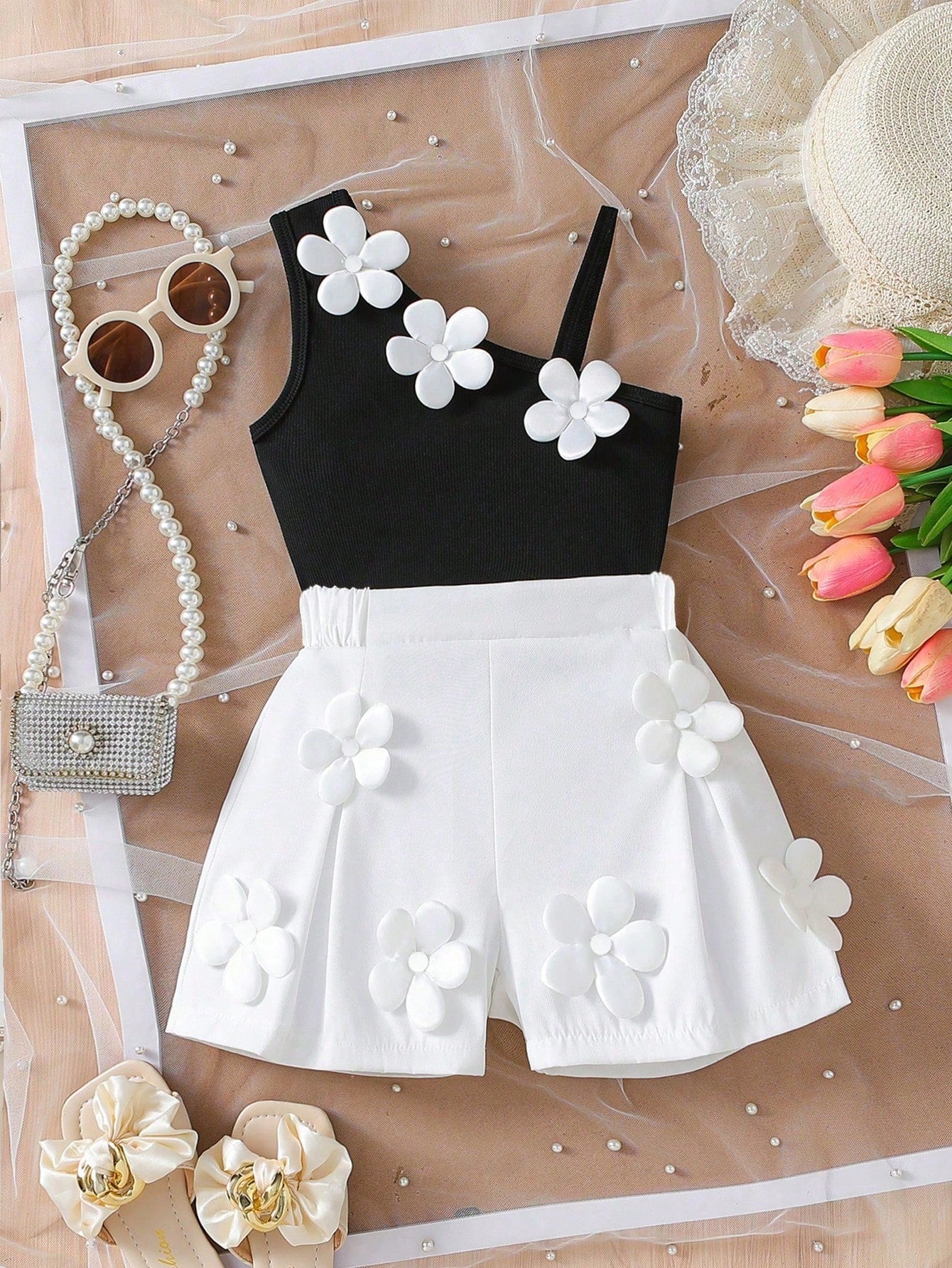 2pcs Girls 3D Floral Camisole & Pleated Shorts Set - Onyx