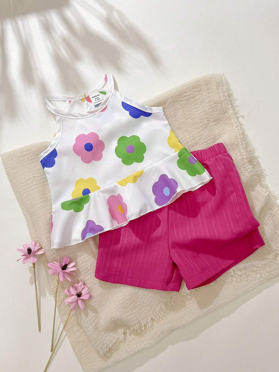 2pcs Girls Floral Peplum Camisole & Shorts Set - Ivory | 21 Century...
