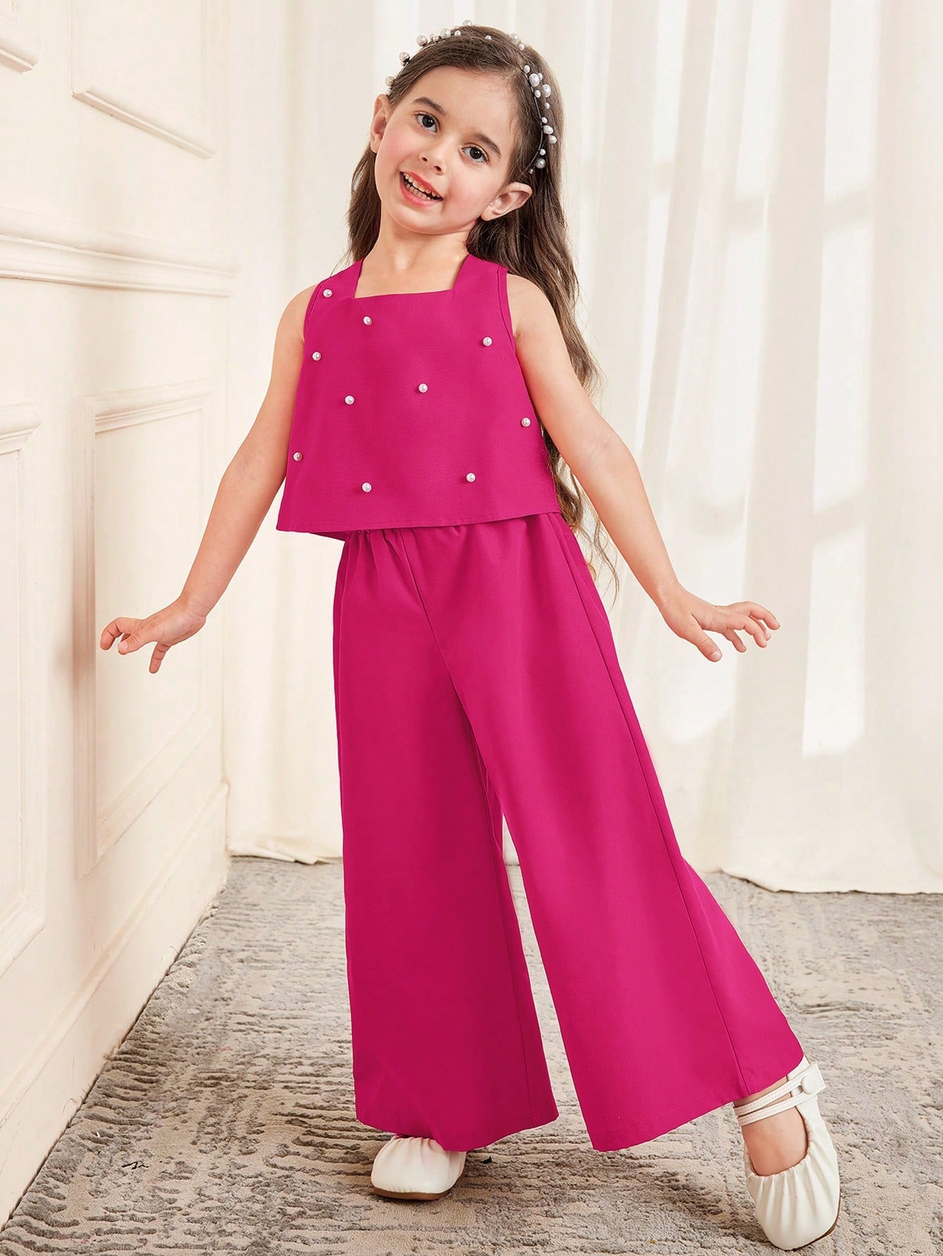 Girls Pearl Embellished Bow-Back Wide-Leg Trouser Set - Fuchsia