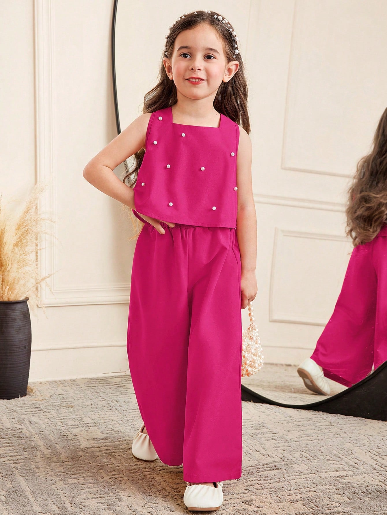 Girls Pearl Embellished Bow-Back Wide-Leg Trouser Set - Fuchsia