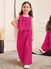 Girls Pearl Embellished Bow-Back Wide-Leg Trouser Set - Fuchsia