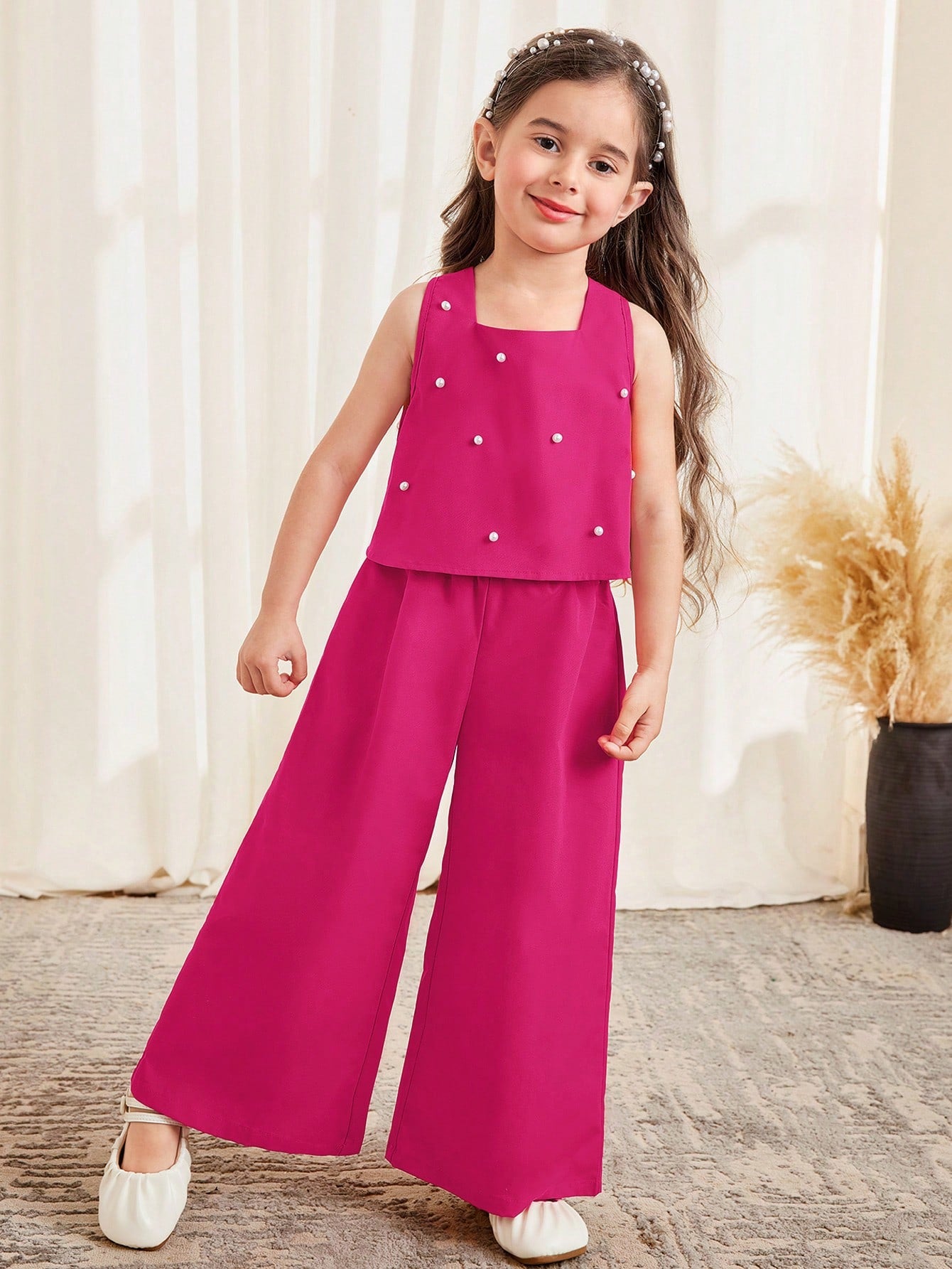 Girls Pearl Embellished Bow-Back Wide-Leg Trouser Set - Fuchsia
