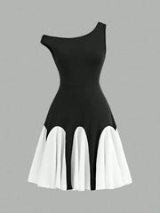 Big Girls Asymmetric One-Shoulder Colourblock Skater Dress - Onyx |...