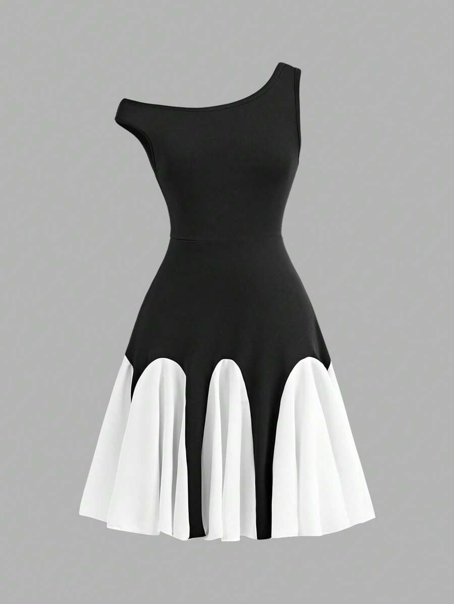 Big Girls Asymmetric One-Shoulder Colourblock Skater Dress - Onyx |...
