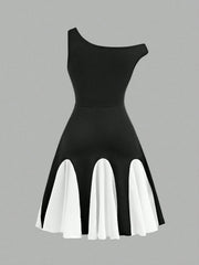 Big Girls Asymmetric One-Shoulder Colourblock Skater Dress - Onyx |...