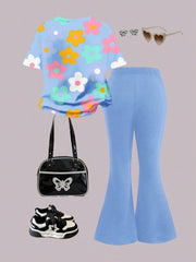 2pcs Little Girls Floral Crop Top & Flare Pants Set - Periwinkle | ...