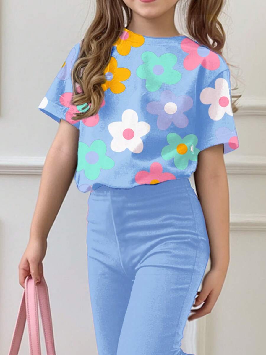 2pcs Little Girls Floral Crop Top & Flare Pants Set - Periwinkle | ...