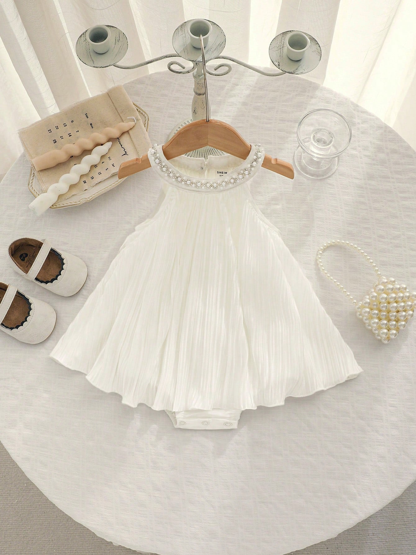 Little Girls Pearl Collar Pleated Halter Romper - Ivory