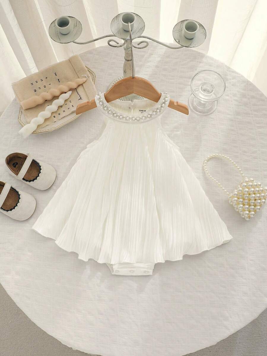 Little Girls Pearl Collar Pleated Halter Romper - Ivory