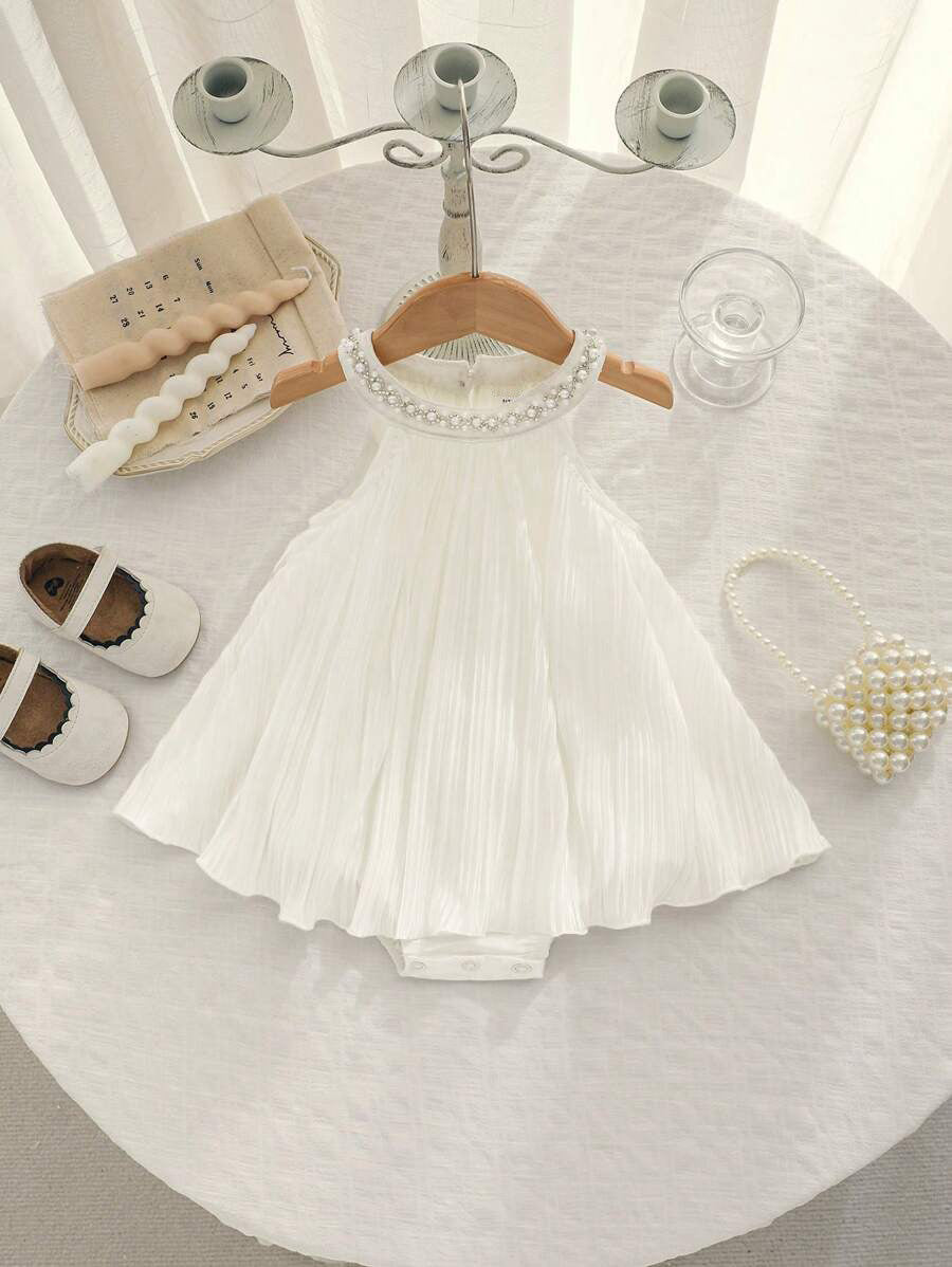 Little Girls Pearl Collar Pleated Halter Romper - Ivory
