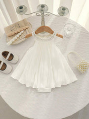 Little Girls Pearl Collar Pleated Halter Romper - Ivory
