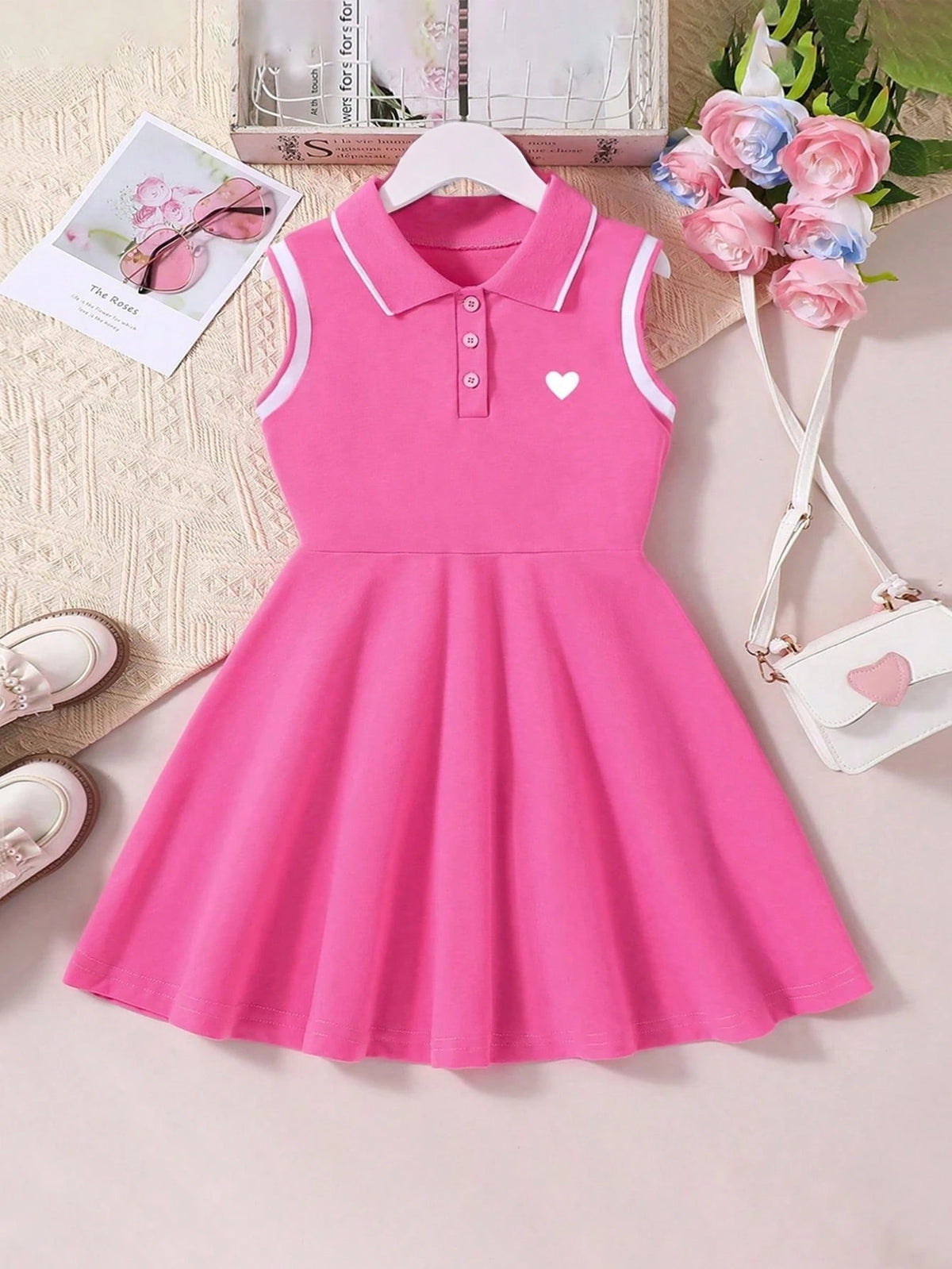 Girls Heart Embroidered Polo Skater Dress - Fuchsia