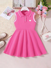 Girls Heart Embroidered Polo Skater Dress - Fuchsia