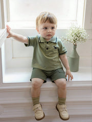 2pcs Boys Dinosaur Embroidered Polo & Shorts Set - Sage