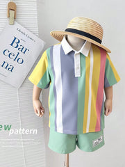 2pcs Boys Pastel Stripe Polo Shirt & Shorts Set - Opal