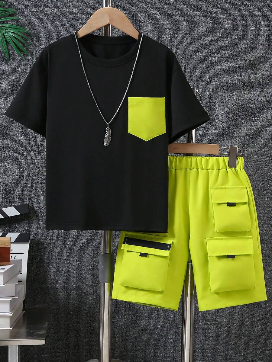 2pcs Boys Utility Pocket Tee & Shorts Set - Golden Yellow
