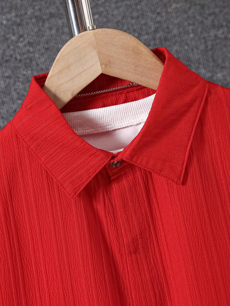 Boys Wavy Texture Shirt & Shorts Set - Brick Red