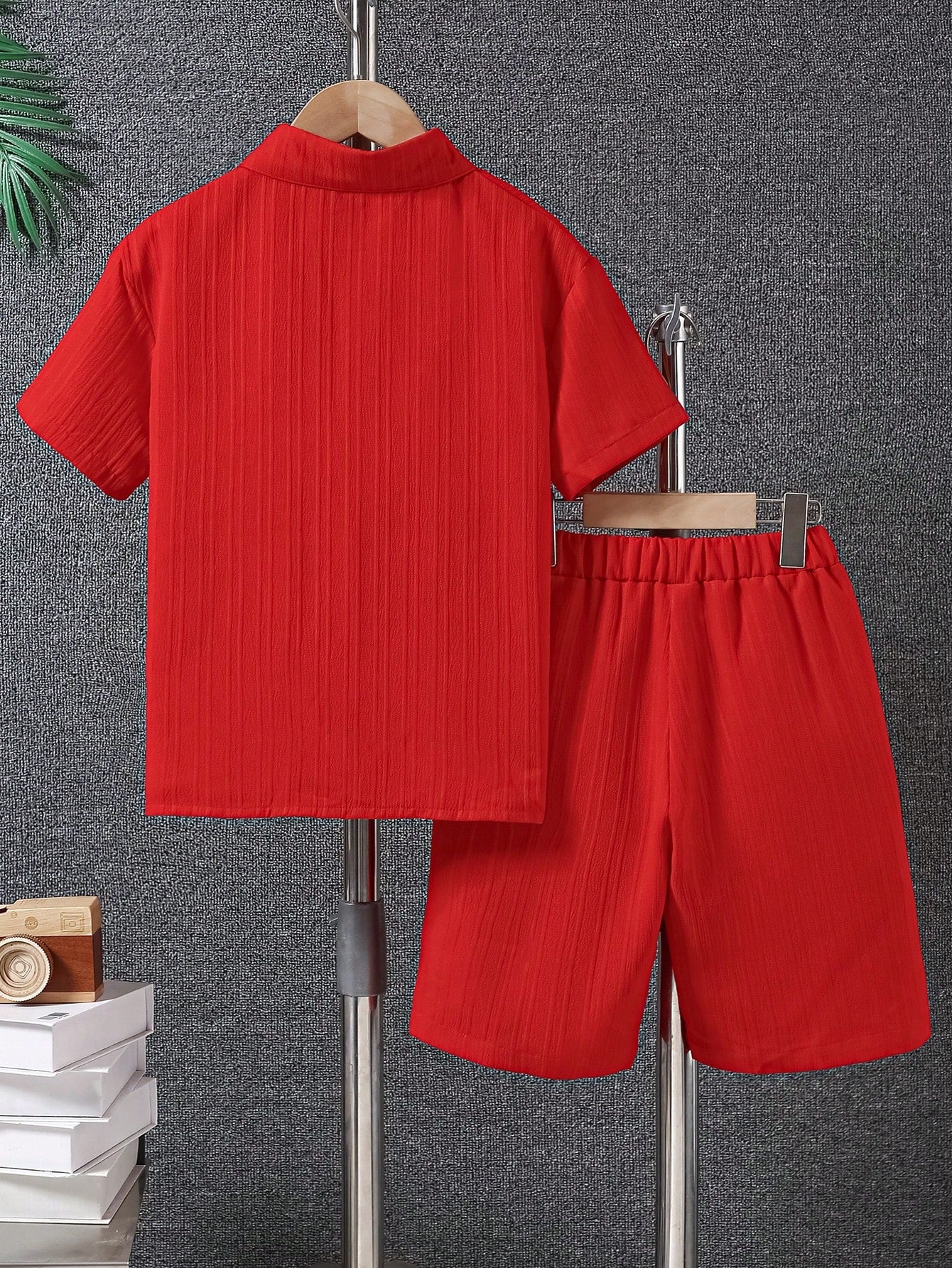 Boys Wavy Texture Shirt & Shorts Set - Brick Red