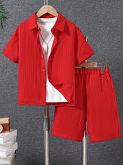 Boys Wavy Texture Shirt & Shorts Set - Brick Red