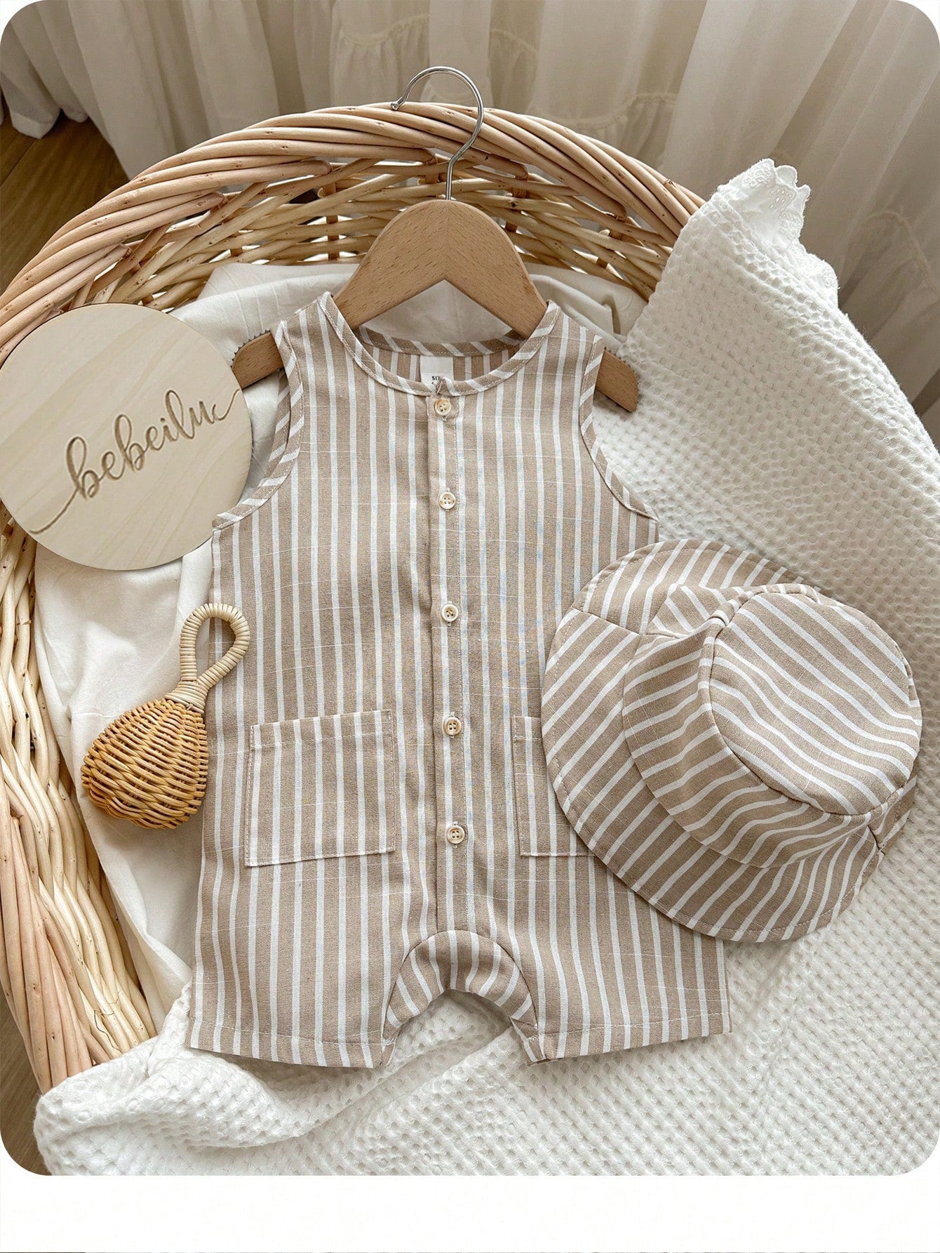 Little Boys Striped Sleeveless Romper & Bucket Hat - Taupe