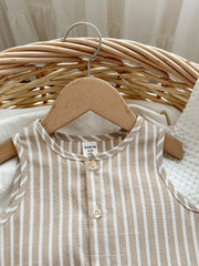 Little Boys Striped Sleeveless Romper & Bucket Hat - Taupe
