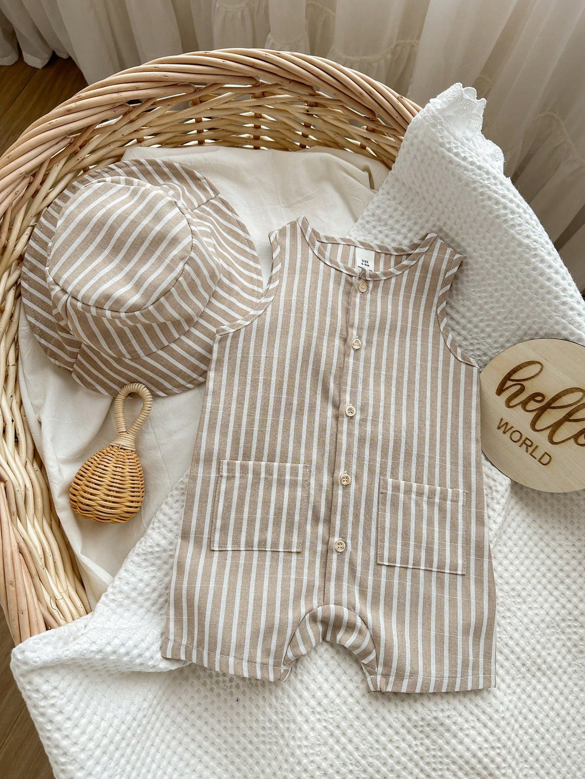 Little Boys Striped Sleeveless Romper & Bucket Hat - Taupe