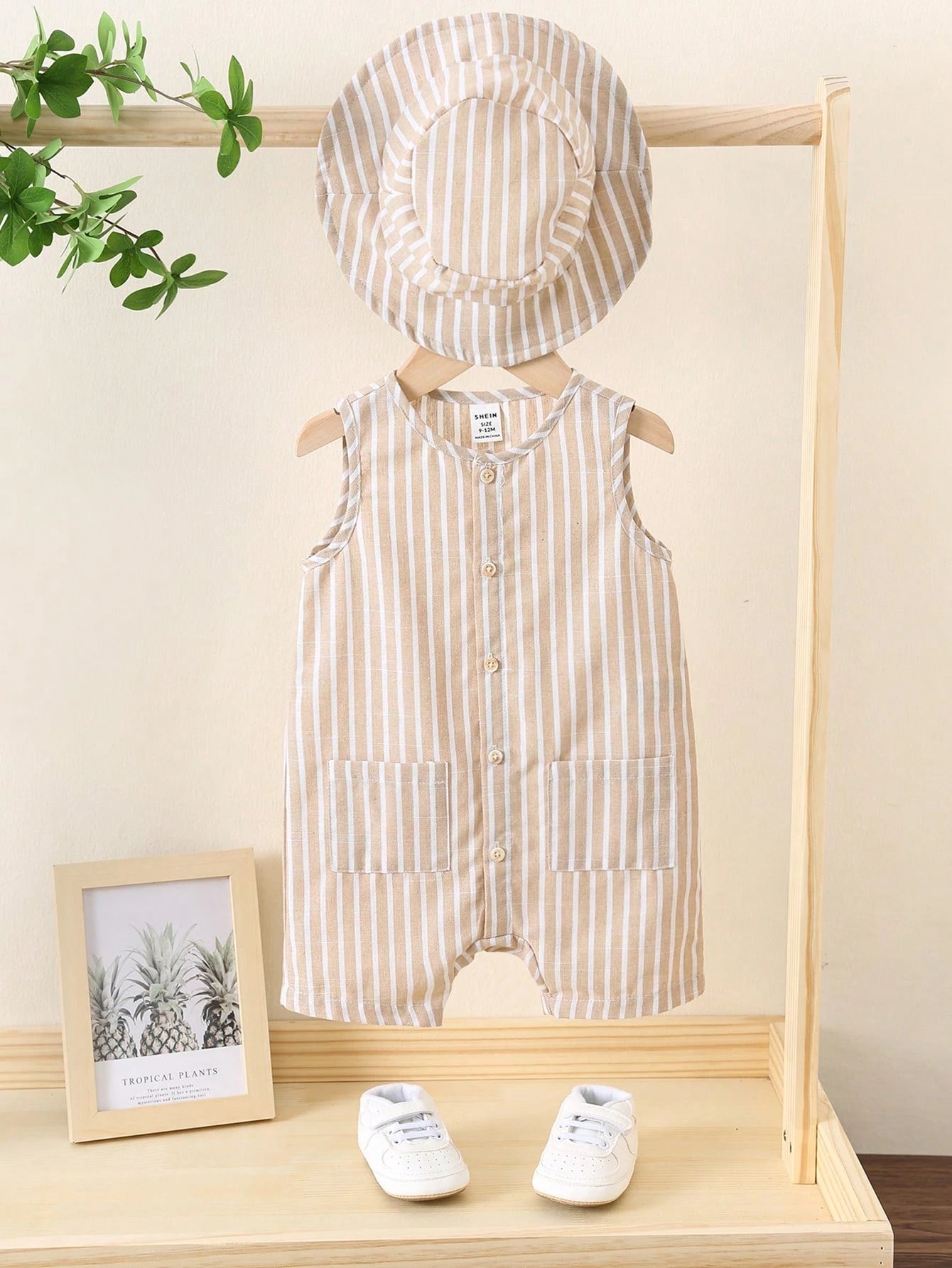 Little Boys Striped Sleeveless Romper & Bucket Hat - Taupe