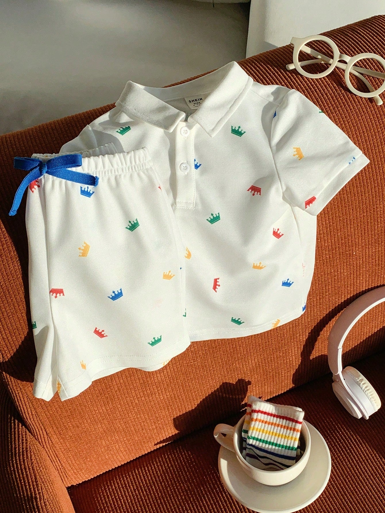 2pcs Boys Crown Print Polo Shirt & Shorts Set - Ivory | 21 Century ...