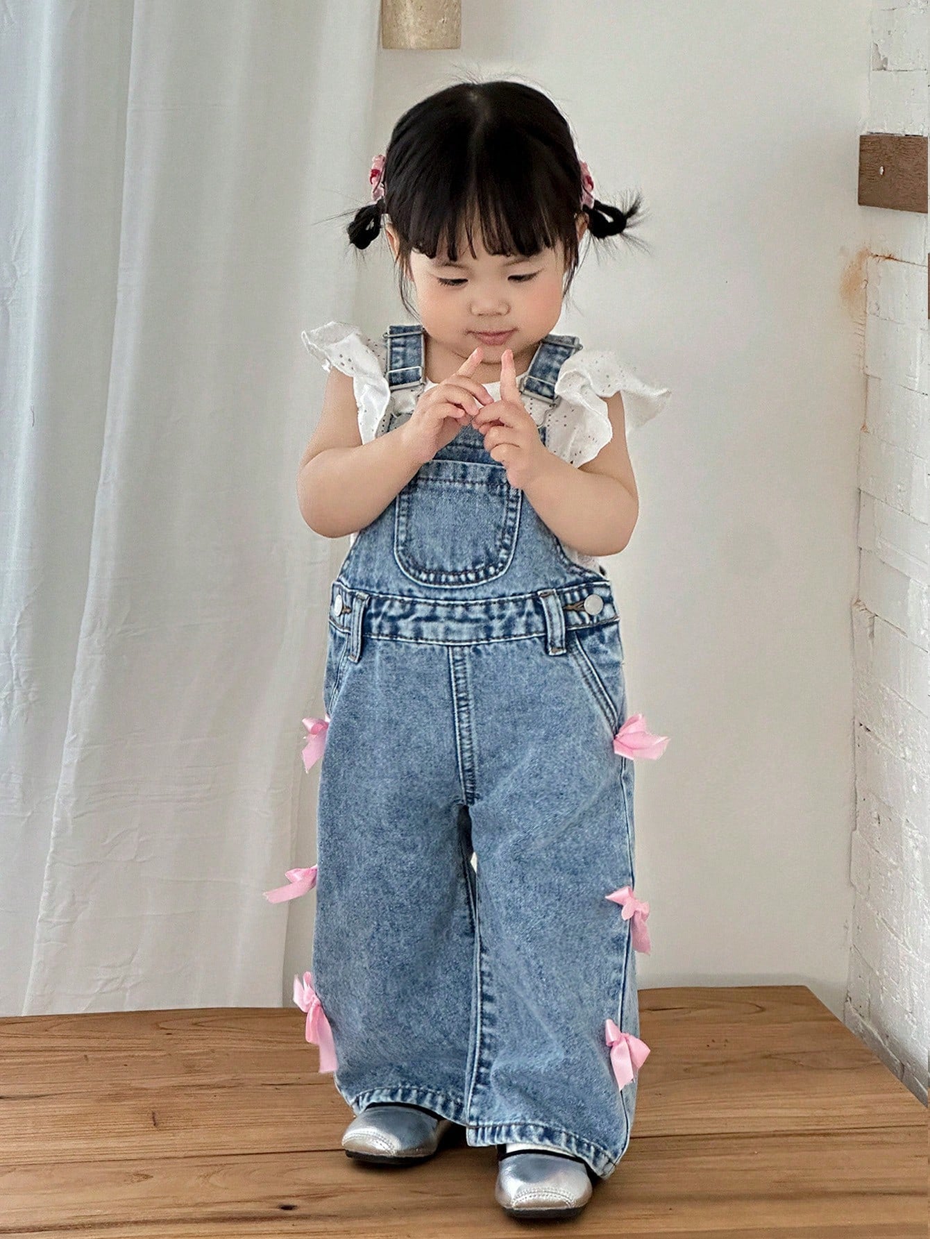 Girls Bow Embellished Wide-Leg Denim Bib Overall - Chambray | 21 Ce...
