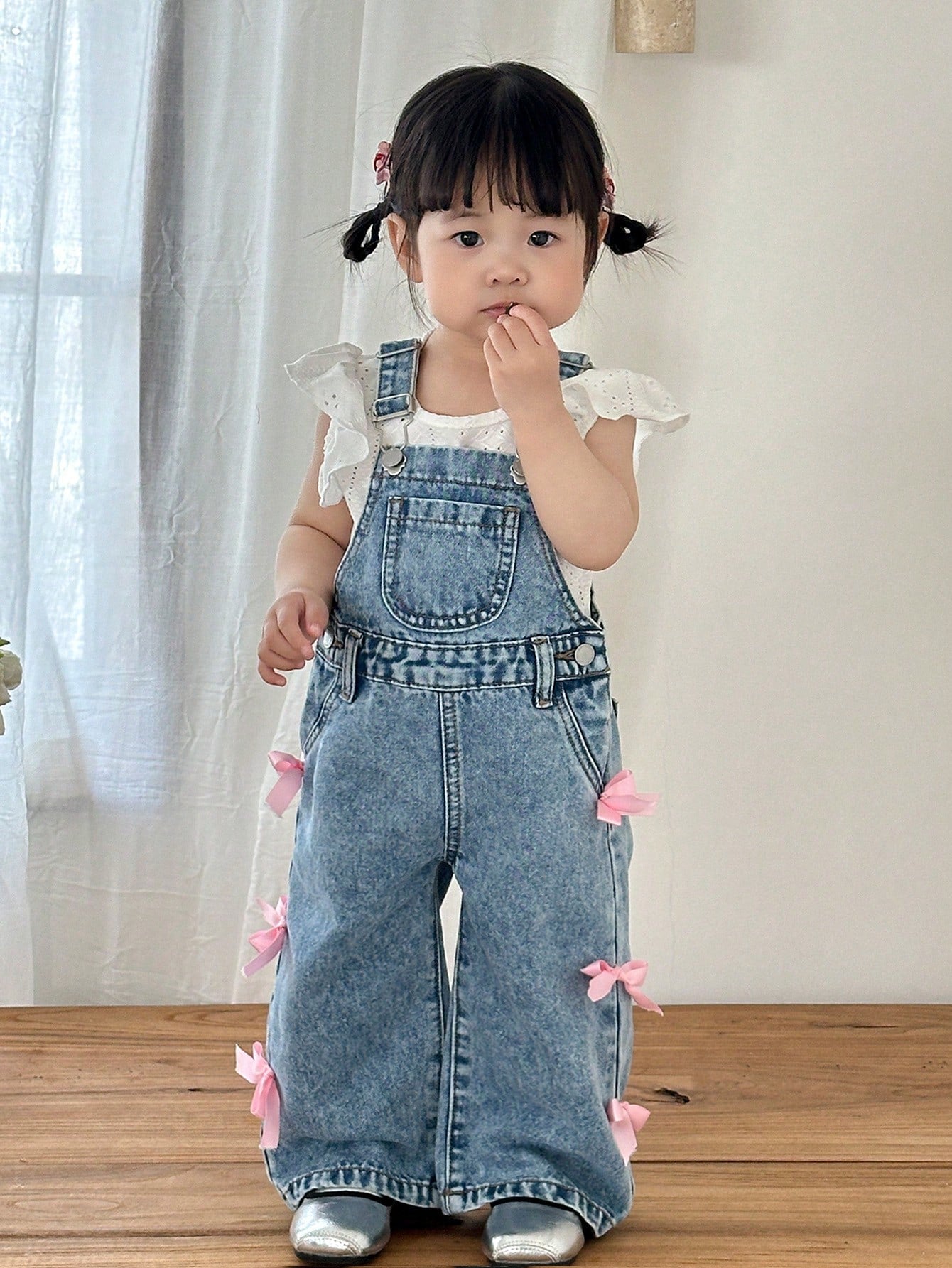 Girls Bow Embellished Wide-Leg Denim Bib Overall - Chambray | 21 Ce...