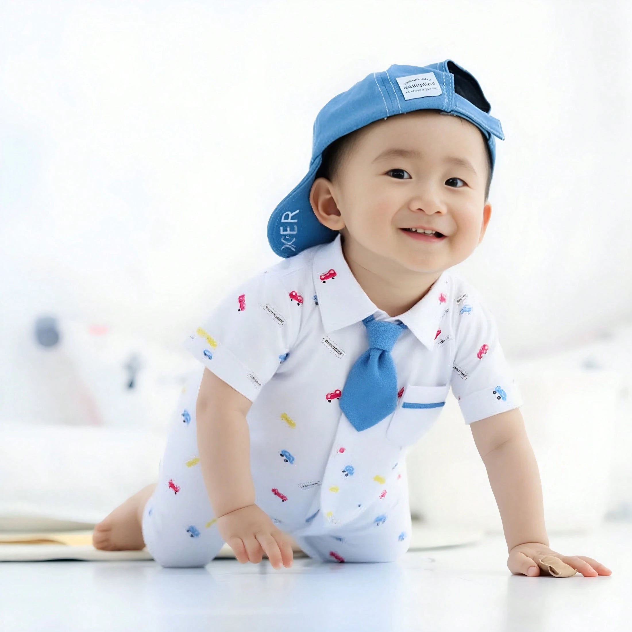 Baby Boys Car Print Collar Romper - Ivory