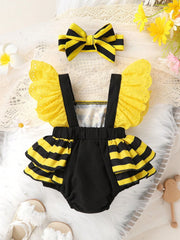 2pcs Baby Girls Bee Print Eyelet Wing Romper & Headband - Onyx | 21...