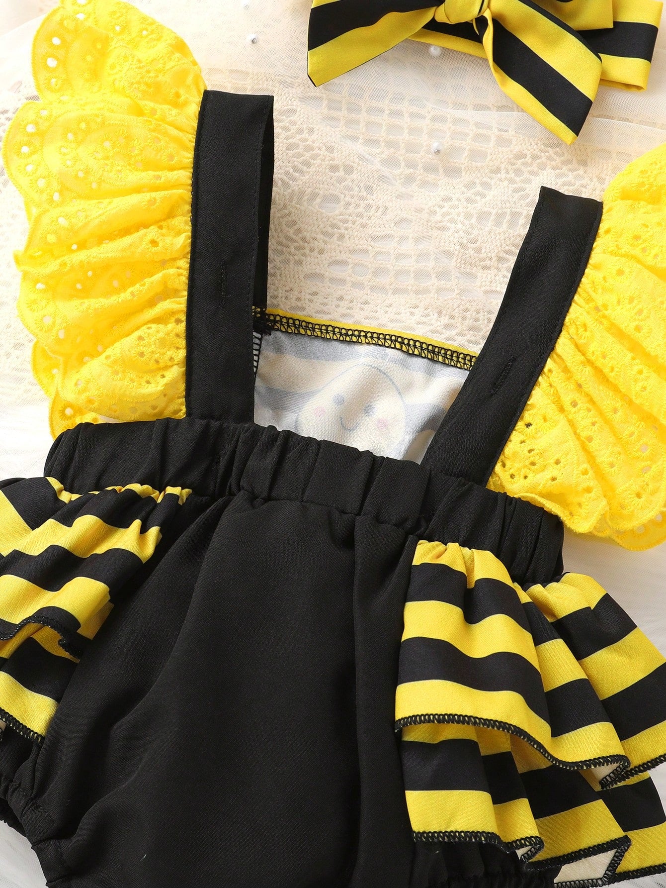 2pcs Baby Girls Bee Print Eyelet Wing Romper & Headband - Onyx | 21...