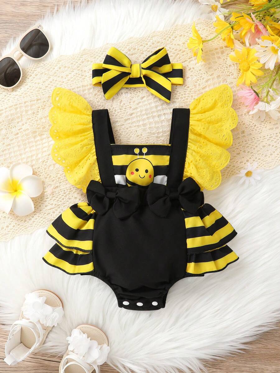 2pcs Baby Girls Bee Print Eyelet Wing Romper & Headband - Onyx | 21...