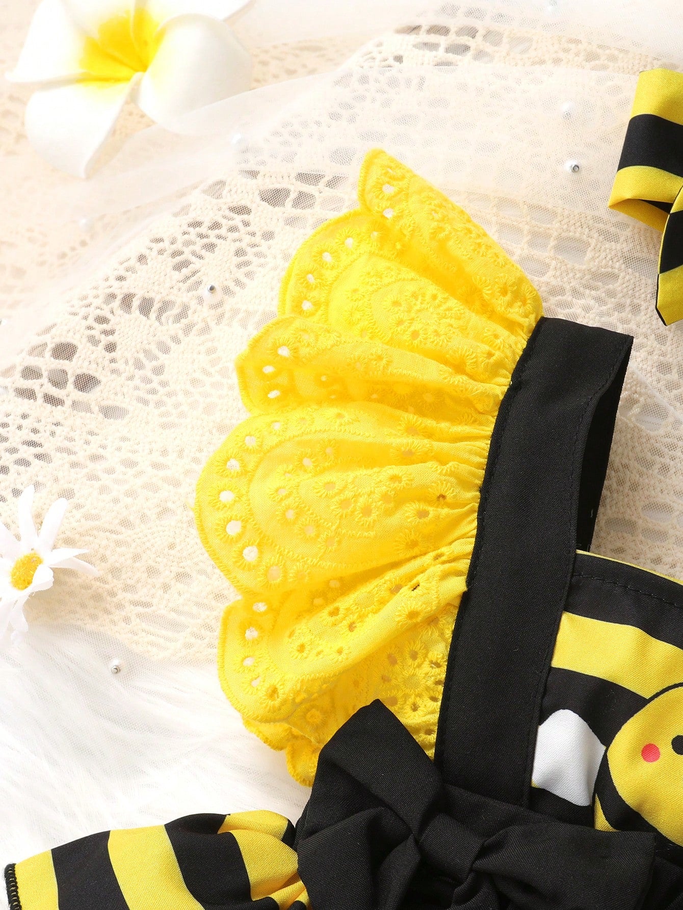 2pcs Baby Girls Bee Print Eyelet Wing Romper & Headband - Onyx | 21...