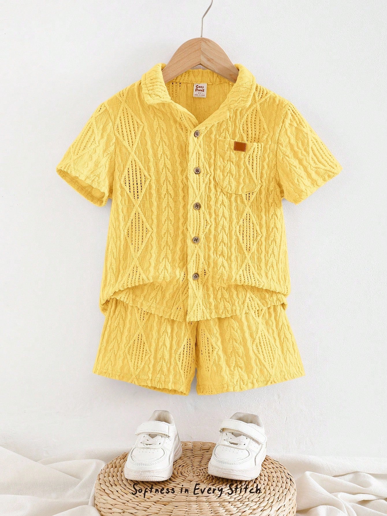 2pcs Little Boys Cable-Knit Texture Shirt & Shorts Set - Buttercup