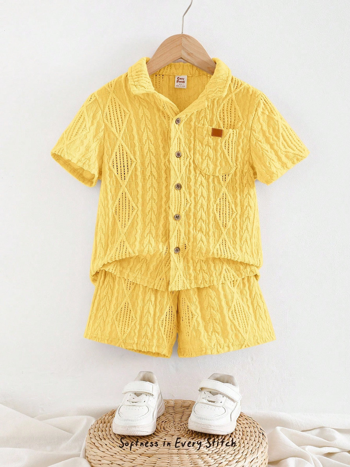 2pcs Little Boys Cable-Knit Texture Shirt & Shorts Set - Buttercup