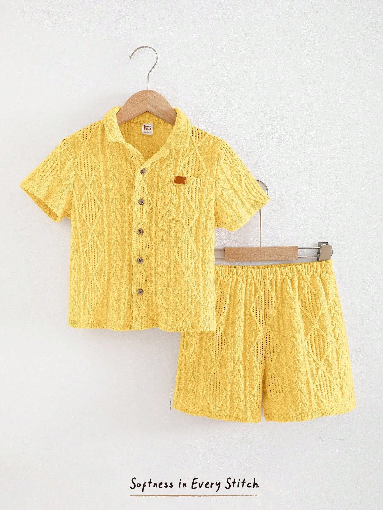 2pcs Little Boys Cable-Knit Texture Shirt & Shorts Set - Buttercup