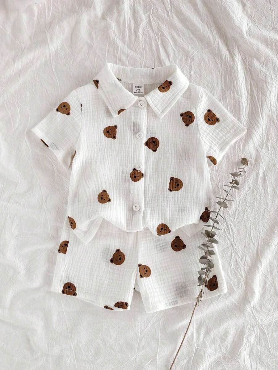 Baby Boys Bear Print Collar Shirt & Shorts Set - Ivory